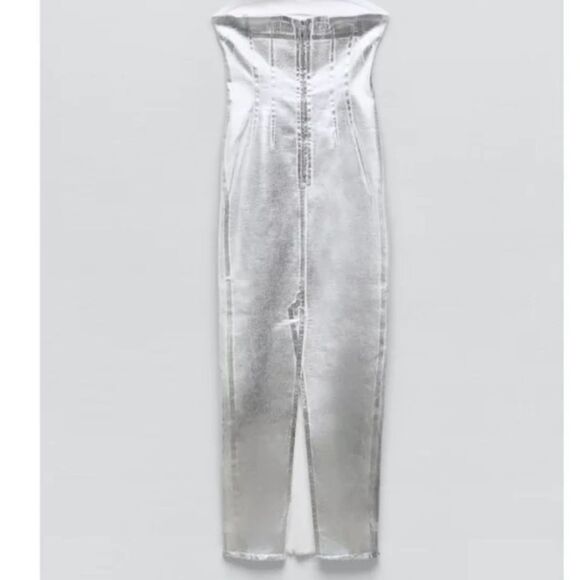 NWT Blogger Favorite Zara Silver Metallic Shiny Strapless Denim Dress - Picture 5 of 9